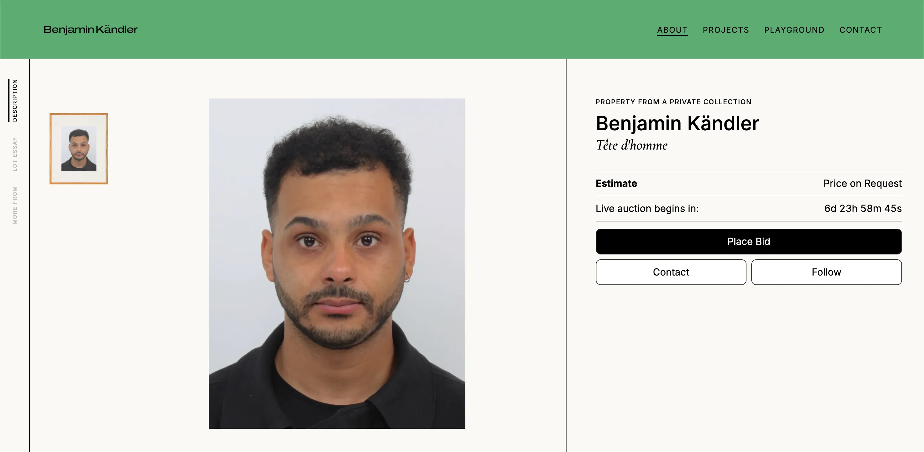 Screenshot of the benjaminkandler.com About page laid out as an auction lot: a frontal passport-style portrait, a framed thumbnail, and a catalogue panel reading Property from a Private Collection, Benjamin Kändler, Tête d'homme, Estimate Price on Request, a live auction countdown and a Place Bid button
