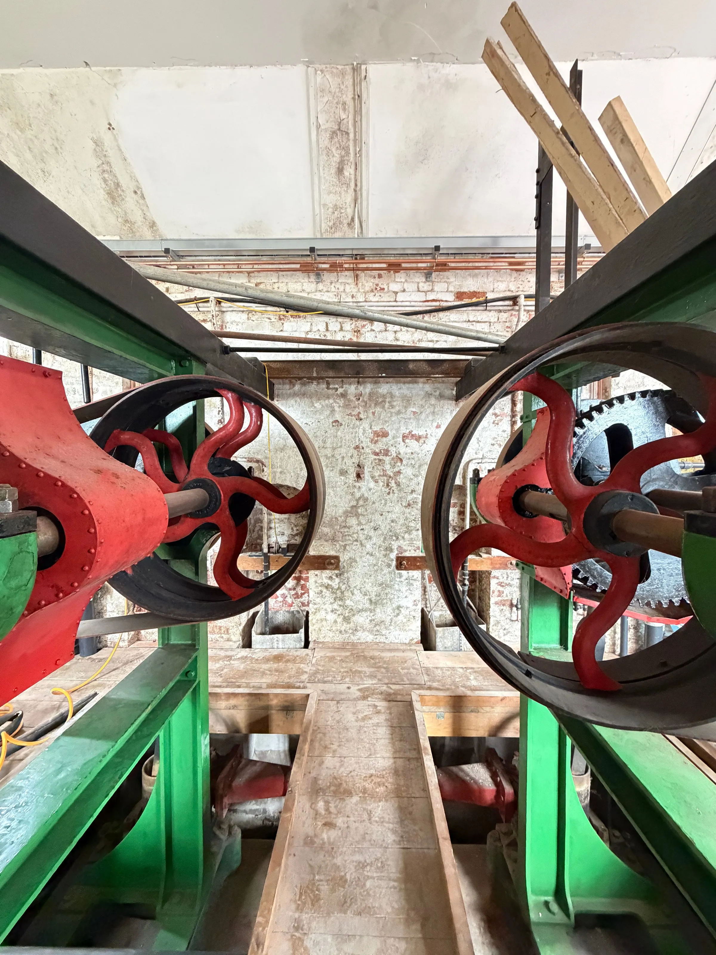 Winding wheels and green cast-iron frames inside the Leas Lift engine house