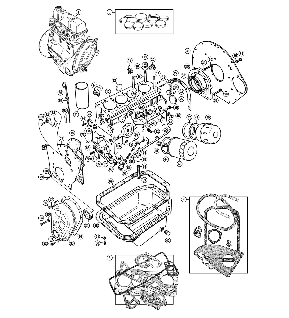 Exploded line drawing of a Triumph Spitfire engine block, each gasket, bolt and cover drawn apart and labelled with a numbered callout