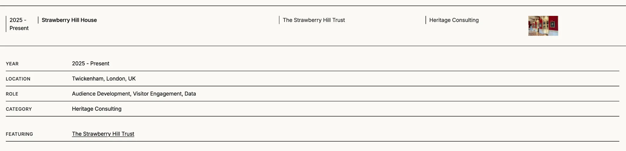Screenshot of an expanded Projects page row for Strawberry Hill House, listing year, location, role, category and featuring